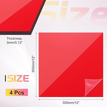 uxcell 4Pcs Acrylic Sheets 12x12 Inch Acrylic Panel 1/8 Inch-3mm Plastic Board for Picture Frames Sign Holders DIY Display Projects Craft, Clear Red