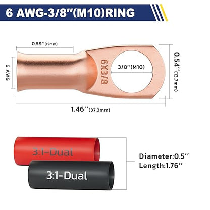 haisstronica 10pcs 6 AWG - 3/8" (M10) Battery Cable Lugs, Heavy Duty Copper Wire Lugs with 10pcs 3:1 Adhesive Heat Shrink Tubing, 6 Gauge Wire Connectors Battery Terminal Connector, Battery Cable Ends