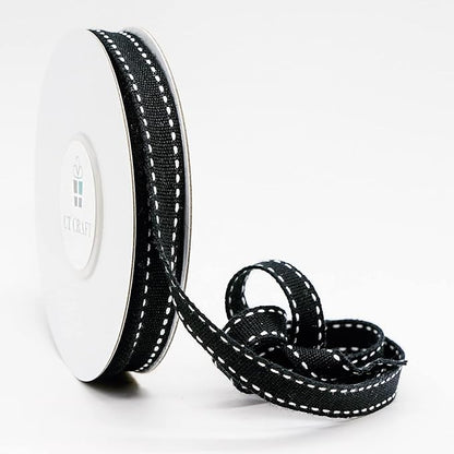 CT CRAFT LLC Black Cotton White Stitched Ribbon 3/8" x 10 Yards for Home Décor Gift Present Wrapping DIY Crafts Birthday Wedding Bouquet Christmas