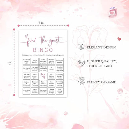 Bridal Shower Bingo, 25Pcs Prefilled Find The Guest Bingo Game Cards, Engagement Party Games for Guests, Pink Wedding Party Supplies - E17