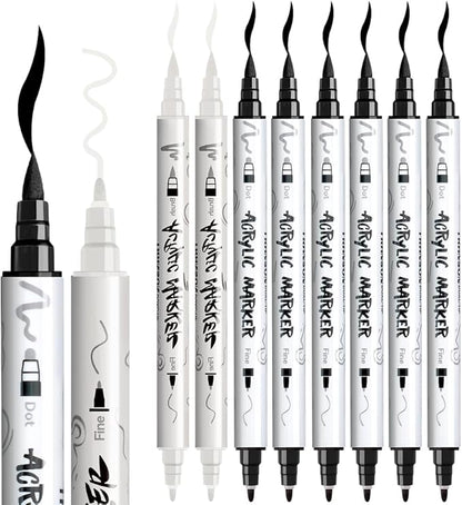 TRANSON 6 Black and 2 White Paint Markers Brush and Fine Dual-tip Acrylic Paint Marker for Rock Glass Canvas Wood Leather Ceramic DIY Painting