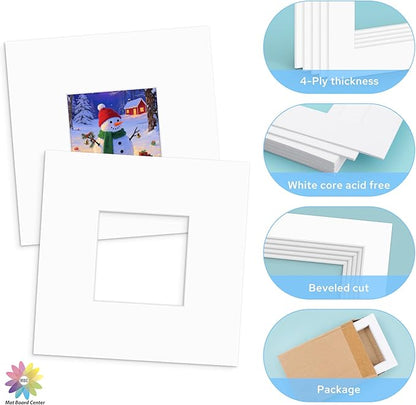 Mat Board Center, 8x8 White Mats for 4x4 Pictures - Acid Free, 4-ply Thickness, White Core, Bevel Cut - for Artworks, Photos, Framing - Pack of 12