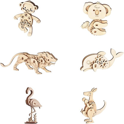Wooden Animal Puzzles for Ages 8+, 6 Pack 3D Wooden Puzzles, STEM Kits for Kids, Teens, Adults, Wood Crafts Model Kits, STEM Toys, DIY Art Projects, Educational Gifts Toys, Party Favors - Exotic Frens