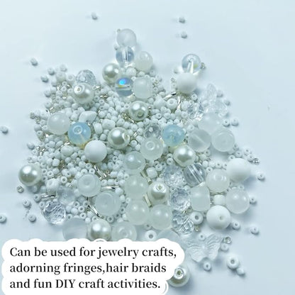 Assorted Glass Resin Beads Multi Size Colors Smooth Cracked Gravel Millet Spacer Beads for Bracelets Necklace Earring DIY Jewelry Making Craft (White Series)