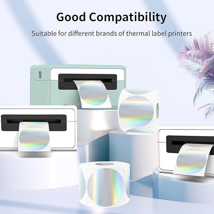 3" Holographic Direct Thermal Label Stickers, Round Printable Rainbow Glitter Thermal Printer Sticker Labels for Gift Wrapping, Self-Adhesive DIY Custom Logo Design- Holographic Silver