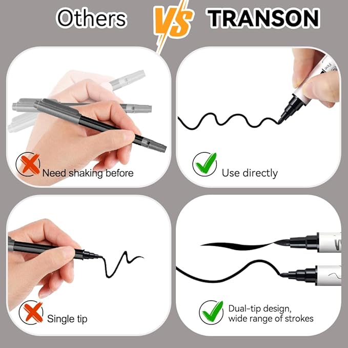TRANSON 8 Pack Black Brush and Fine Dual-tip Acrylic Paint Marker for DIY Glass Canvas Wood Leather Ceramic Rock Painting