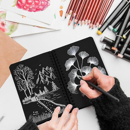5x7in Black Paper Mixed Media Sketchbook, 110gsm Spiral Bound Art Journal Sketchbook, 70Sheets Acid-Free Travel Pocket Sketch Pad for Drawing, Illustration, Ideal for Most Dry Media