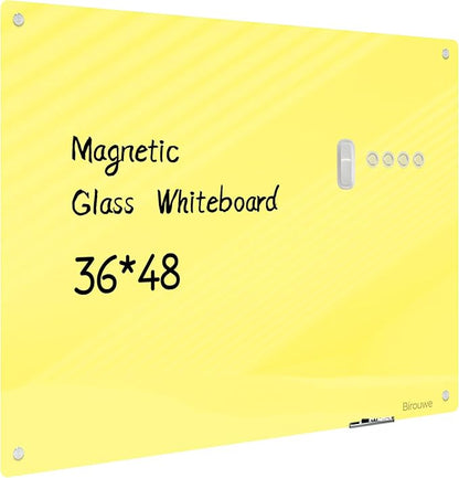 Magnetic Glass Whiteboard - Glass Dry Erase Board 48"x36" Large Frameless Glass Board for Walls Office School and Home, Yellow