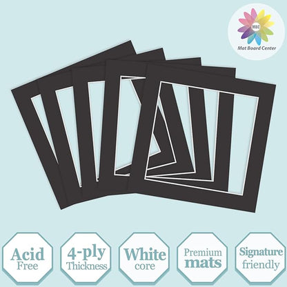 MBC Mat Board Center, 5 Pack 10x10 for 8x8 Black Picture Mats Frame Mattes, Bevel Cut, Acid Free, 4-ply Thickness