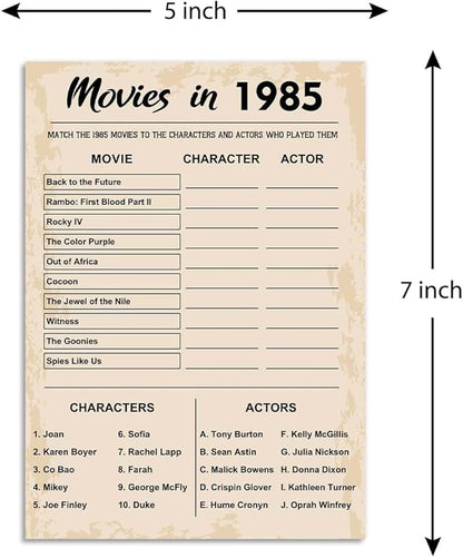 40th Birthday Party Games, Movies in 1985 Games, Birthday Party Supplies for Adults, Fun 1985s Party Game，Pack of 30 Cards