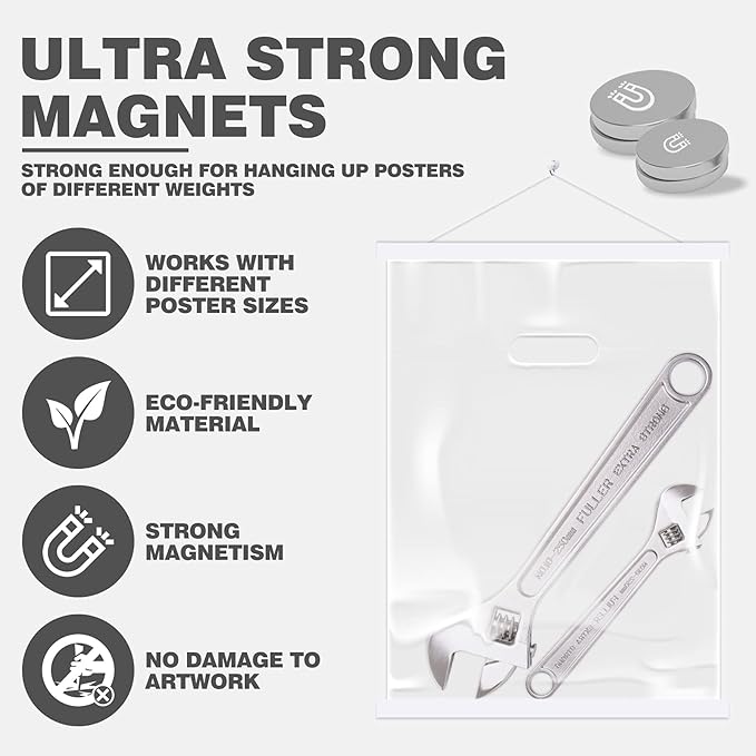 Ywlake Magnetic Poster Hanger, 9x12 9x14 9x17 Poster Frame Wood Wooden Magnet Print Posters Dowel Scroll Hanger Hangers Hanging Kit for Walls Map Canvas Artwork (White, 9")