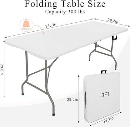 Folding Tables with Carrying Handle Heavy Duty Rectangular Portable Plastic Camping Table Steel Legs for Party, Dining, Wedding, Events, Picnic Indoor, Outdoor (8FT, White)