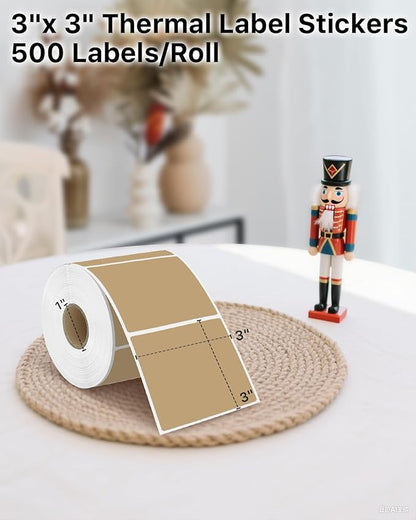 iEager Brown Square Thermal Label Stickers, 3" x 3" Self-Adhesive Square Direct Thermal Labels with Perforation Line, 500 Sheets/Roll