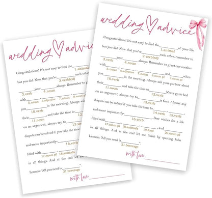 Wedding Shower Games Cards, Wedding Advice Word Game, Bridal Shower Games 25 Guests, Engagement Party Wedding Games for Guests, Pink Ribbon Bow Wedding Party Supplies - E06