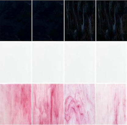 ILLUCKAI 12 Sheets Black + White +Pink Stained Glass Sheets, 4 x 6 inch Stained Glass Supplies Mosaic Glass Pieces Tiles for Mosaic Art Crafts