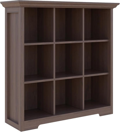 Cube Shelf Bookcase with Base - Wooden 3 Tiers Floor Standing Low Storage Cabinet for Home and Office, 9-Cube Lattice Bookshelf, Walnut