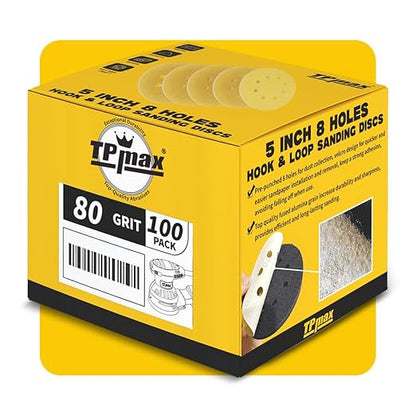 100PCS 5 Inch 80 Grit 125mm 8 Hole Sanding Discs Sandpaper - Premium Gold Round Hook and Loop for Random Orbital Sander - Ideal for Wood, Metal, Automotive