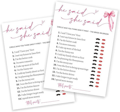 Wedding Shower Games Cards, Guest Who Said It, He Said She Said Game Cards, Bridal Shower Games 25 Guests, Engagement Party Wedding Games for Guests, Pink Ribbon Bow Wedding Party Supplies - E07