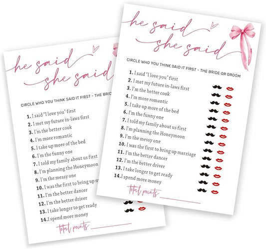 Wedding Shower Games Cards, Guest Who Said It, He Said She Said Game Cards, Bridal Shower Games 25 Guests, Engagement Party Wedding Games for Guests, Pink Ribbon Bow Wedding Party Supplies - E07