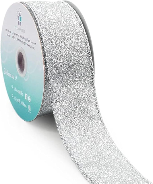 CT CRAFT LLC Glitter Wired Ribbon 1.5" x 10 Yards Silver for Christmas Home Decor Bow Gift Wrapping DIY Crafts Wreath