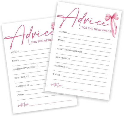 Wedding Shower Games Cards, Advice for The Newlyweds, Bridal Shower Games 25 Guests, Engagement Party Wedding Games for Guests, Pink Ribbon Bow Wedding Party Supplies - E01
