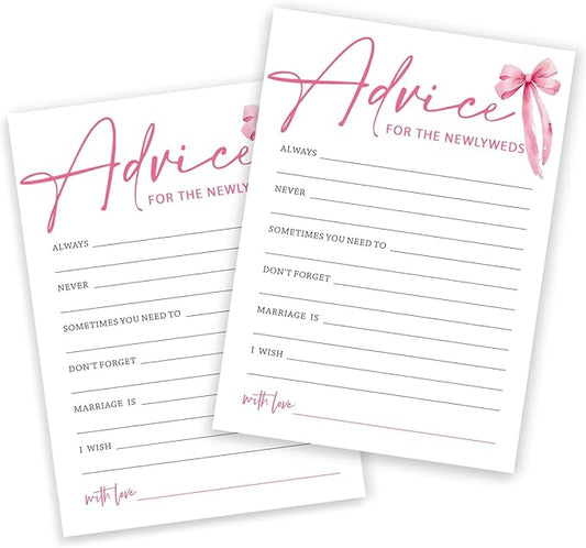 Wedding Shower Games Cards, Advice for The Newlyweds, Bridal Shower Games 25 Guests, Engagement Party Wedding Games for Guests, Pink Ribbon Bow Wedding Party Supplies - E01