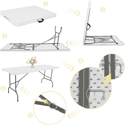 HAISIWLKJ Folding Table 8 FT Camping Table Portable Heavy Duty Plastic Rectangular Outdoor Dining Table Steel Legs Fold-in-Half with Carrying Handle for Indoor,Picnic,Party,Wedding,Events(White)