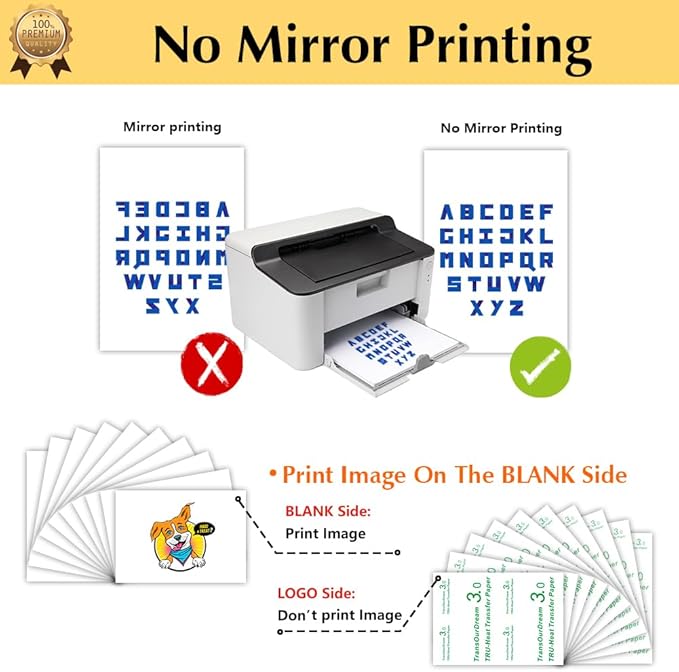 TransOurDream Tru-Heat Transfer Paper for Inkjet & Laserjet Printer (50 Sheets 8.5x11, 3.0) Printable HTV Heat Transfer Vinyl for T Shirts Iron on Transfers for Light Fabrics (L3-50)
