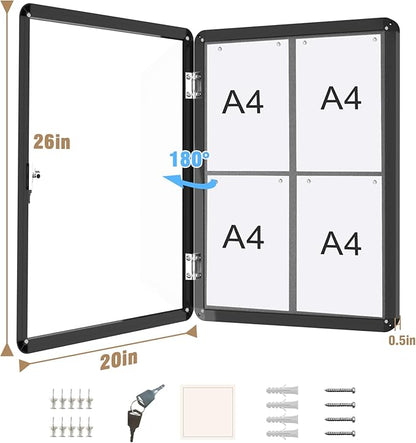 26"x20" Enclosed Bulletin Board, Lockable Weather-Resistant Aluminum Cork Noticeboard for School & Office, Black Frame w/Grey Flet