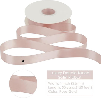 HUIHUANG Rose Gold Satin Ribbon 1 inch x 50 Yards Double-Faced Polyester Ribbon for Gift Wrapping, Wedding Invitations, Hair, Bows Making, Floral Arrangement,Holiday Decor