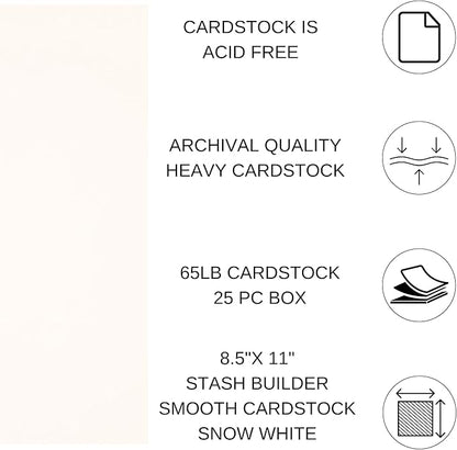 PA Paper Accents Stash Builder Textured Cardstock 8.5" x 11" Snow White, 65lb Colored cardstock Paper for Card Making, Scrapbooking, Printing, Quilling and Crafts, 25 Piece Pack