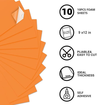 MEARCOOH Self Adhesive Foam Sheets, Orange 9x12 Inch 2mm Sticky Eva Foam Paper for Crafts Cardmaking Photo Frames Classroom Scrapbooking Christmas Crafts (Orange 10 Sheets)