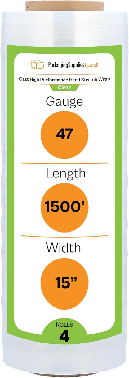 PSBM Stretch Wrap for Packing, 4 Pack of 15 Inch x 1500 Feet, 47 Gauge, High Cling Moving Stretch wrap, Cast Hand Stretch Film Moving wrap Rolls, Strong Plastic Wrap for Moving