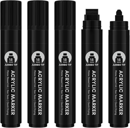 Black Poster Markers Jumbo: 5 Pcs 15mm Wide Tip Thick Acrylic Paint Pen Large Permanent Calligraphy Markers for Rock Painting, Stone, Poster, Canvas, Glass, Wood, Ceramic