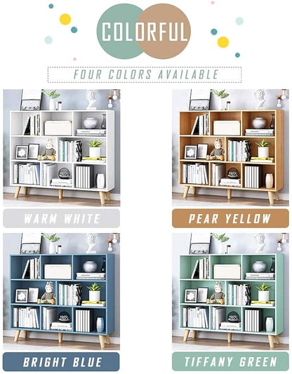 IOTXY Wooden Open Shelf Bookcase - 3-Tier Floor Standing Display Cabinet Rack with Legs, 8 Cubes Bookshelf, Tiffany-Green