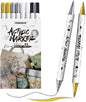 TRANSON 2 Gold, 2 Silver, 2 Black and 2 White Paint Markers Brush and Fine Dual-tip Acrylic Paint Marker Set for Rock Painting Glass Canvas Wood Leather Ceramic Painting