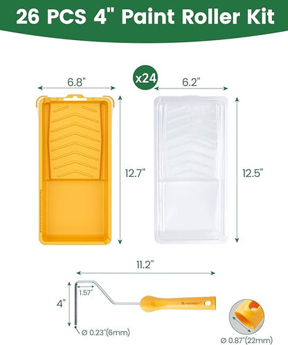 Voomey 4 Inch Paint Roller Tray - 24 Pack Plastic Liners & 1x Roller Frame, 4" Paint Tray Set, for Home Decor, Walls and Furniture Painting