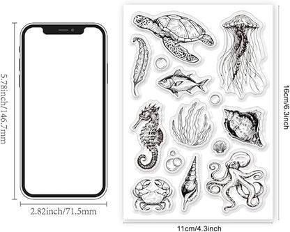 Summer Ocean Sea Turtle Clear Stamps for DIY Craft Turtle Clear Stamps for Card Making Decoration Marine Shell Starfish Animals Seahorse Transparent Silicone Seals Stamp Rubber Stamps Decor