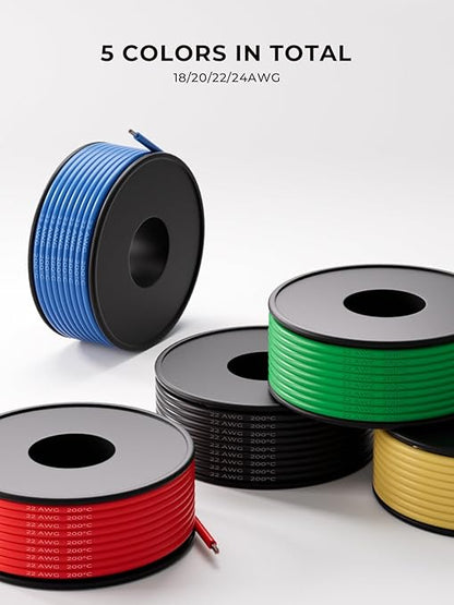 22 AWG Silicone Wire Kit 250FT, 22 Gauge Stranded Tinned Copper Wire Spool, 5 Colors 50FT Each,Flexible Electrical Wire for DIY, Automotive, LED, Arduino, Battery Projects