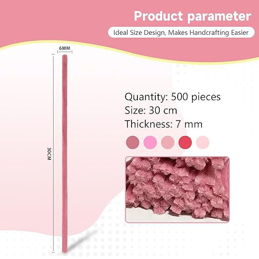 Pipe Cleaners Craft 500PCS 5 Colors Pastel Pink Pipe Cleaners Bulk 30CM Limpia Pipas para Manualidades Fuzzy Wire Chenille Stems for Arts Crafts and Creative DIY Projects Decorations
