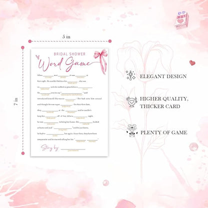 Wedding Shower Games Cards, Bridal Shower Word Game, Bridal Shower Games 25 Guests, Engagement Party Wedding Games for Guests, Pink Ribbon Bow Wedding Party Supplies - E16
