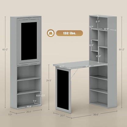 HOMCOM Fold-Out Convertible Writing Table, Wall Mount Desk Cabinet with Blackboard and Side Shelf Multi-Function Home Office Workstation, Charcoal Gray