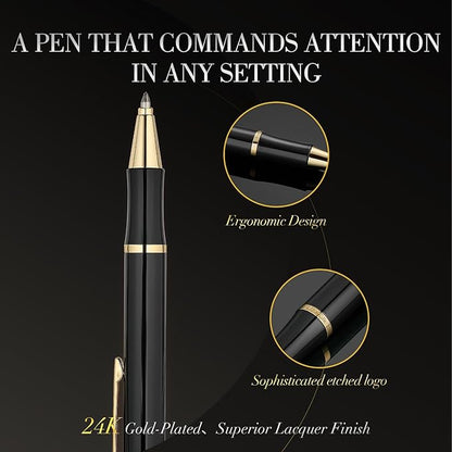 Black Gel Pen With 24K Gold Finish, Fine lacquer work, Best Men's And Women's Gift Pen Set, Professional, ADMOK Black Refill, Smooth Writing, Executive, Office, Click, Nice Retractable Pens
