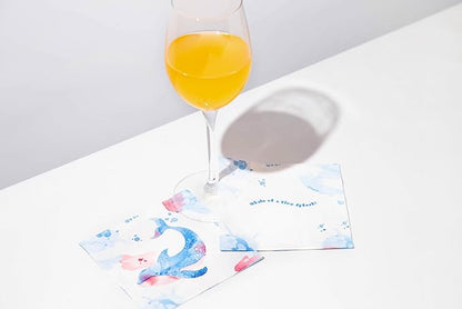 80 pcs Premium Designer Cocktail Beverage Napkins, 3-Ply 5 x 5-inches Disposable Napkin, Aqua Amore Dreams of Whale