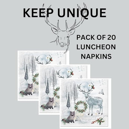 20-ct 13x13 Christmas Paper Decoupage Napkins, 3-Ply Servilletas Tissue Napkin for Dinner and Parties, Disposable Napkins (Animal Winter)