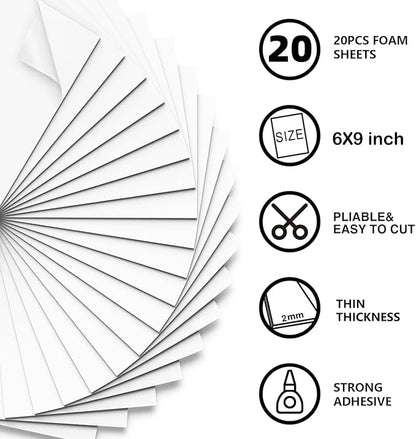 MEARCOOH 20-Pack Self Adhesive Foam Sheets, White 2mm Sticky Eva Foam Paper 6x9 Inch for 3D Crafts Cardmaking Classroom Scrapbooking