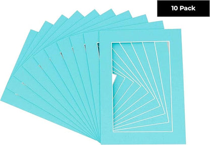 Pack of Ten 8.5x11 Mats Bevel Cut for 7x9 Photos - Acid Free Aquamarine Blue Precut Matboards for Pictures, Photos, Framing - 4-ply Thickness