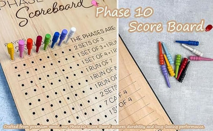 Phase 10 Score Board, 2025 New Wooden Phase 10 Scoreboard and Round Tracker with 8 Colored Pegs, Phase 10 Score Sheets, Board Card Games for Party Family Adults