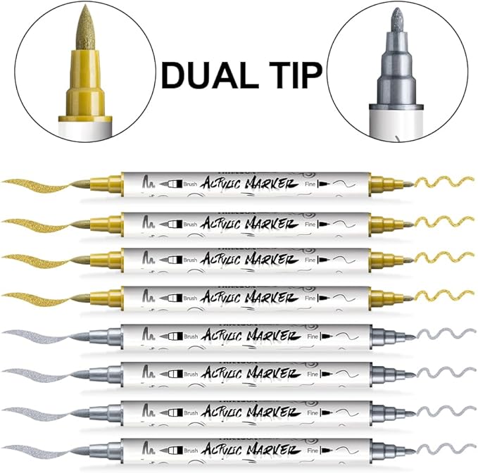 TRANSON 4 Gold and 4 Silver Paint Markers Brush and Fine Dual-tip Acrylic Paint Marker Set for Rock Painting Glass Canvas Wood Leather Ceramic Painting
