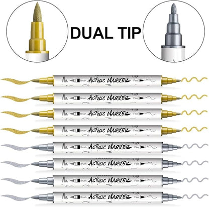 TRANSON 4 Gold and 4 Silver Paint Markers Brush and Fine Dual-tip Acrylic Paint Marker Set for Rock Painting Glass Canvas Wood Leather Ceramic Painting